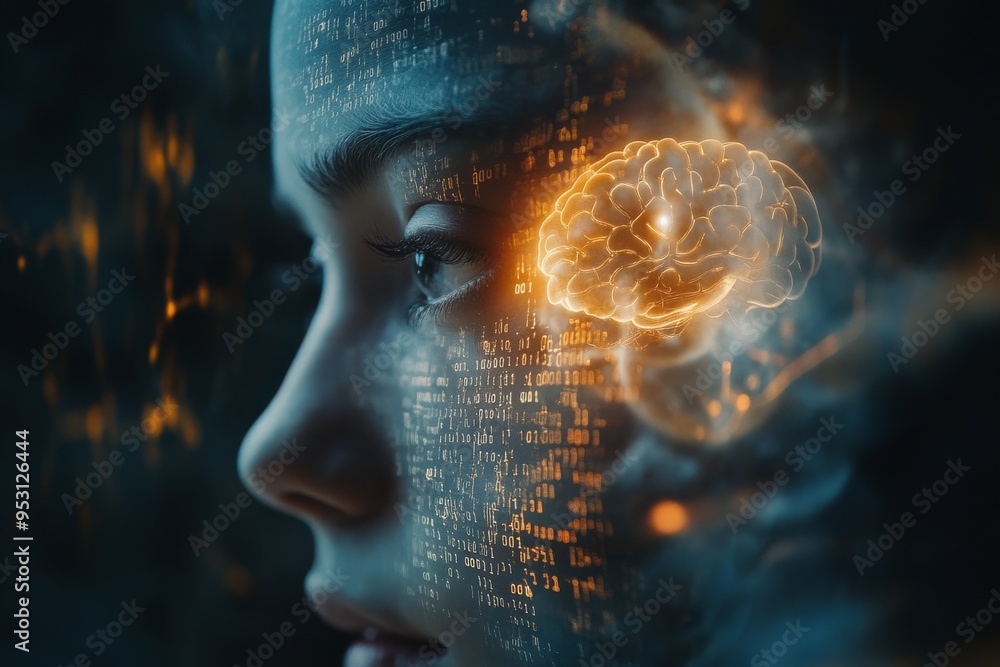 Aufkleber ethereal digital portrait of a woman with a glowing brain exploring the intersection of thought and 