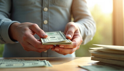 Financial Empowerment: Woman Counts Cash Savings at Sunny Desk 