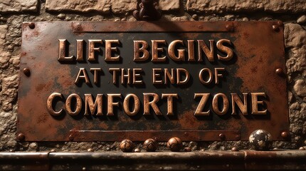 Inspirational quote motivating change outside comfort zone on rustic metal