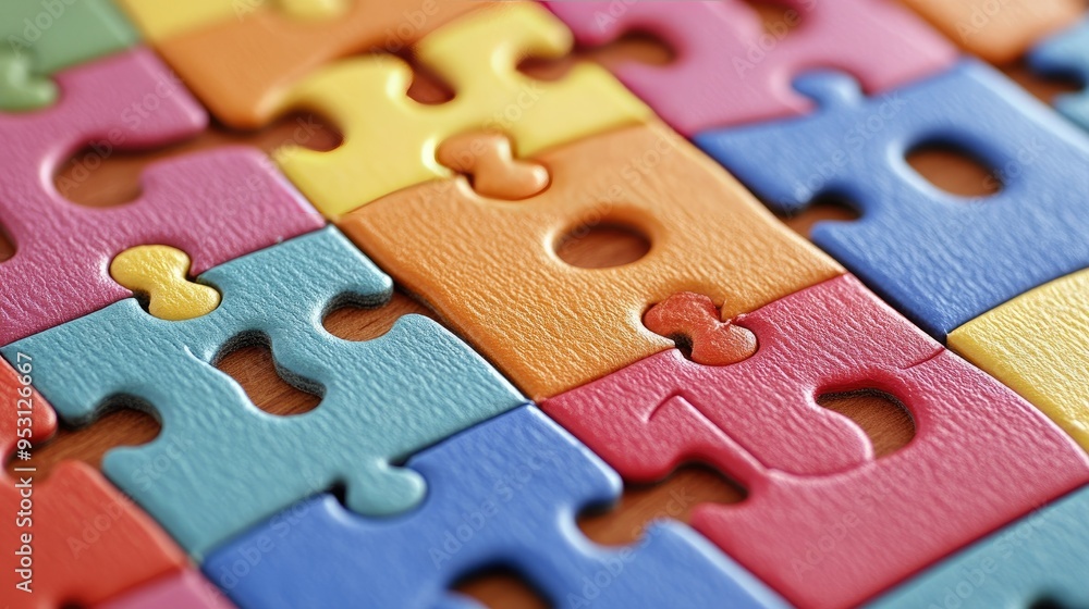 Poster a close-up of a colorful alphabet puzzle, with a few pieces missing. plenty of space for text on the