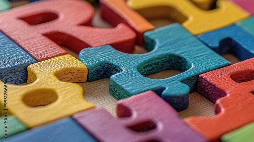 Poster a close-up of a colorful alphabet puzzle, with a few pieces missing. plenty of space for text on the
