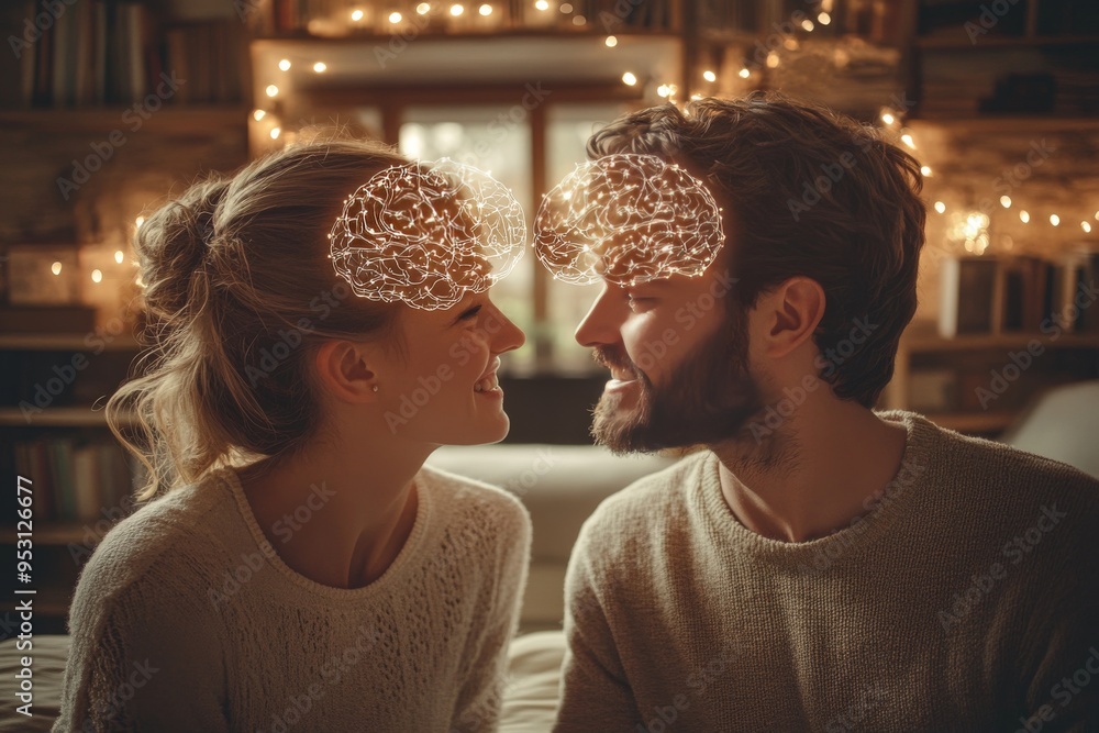 Poster romantic digital art of a couple with glowing brains in a warm setting symbolizing the deep intellec
