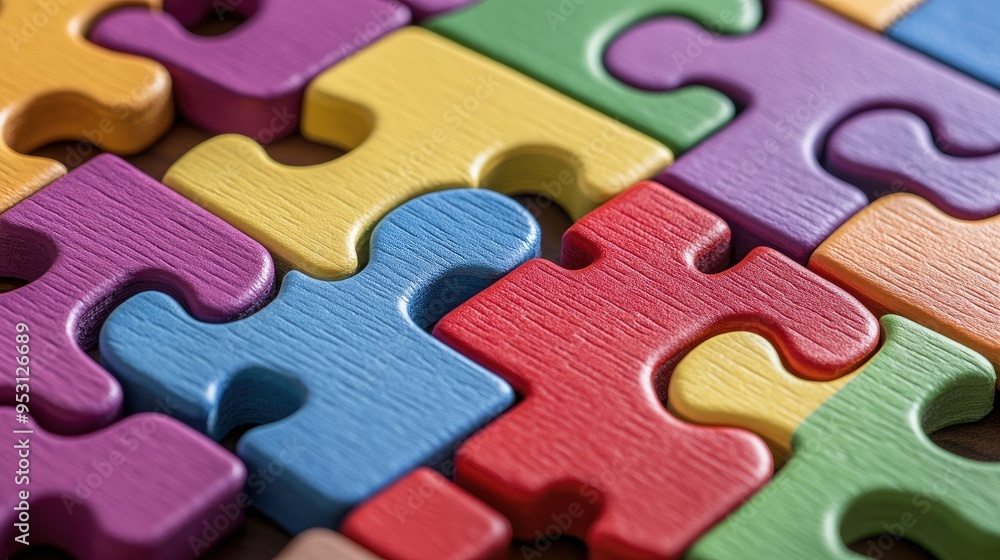 Poster a close-up of a colorful alphabet puzzle, with a few pieces missing. plenty of space for text on the