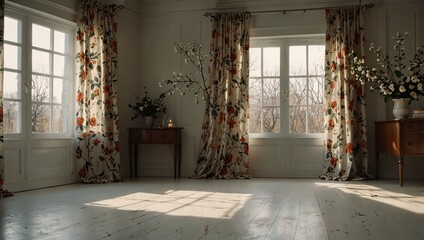 A spacious, well-lit room with white wooden floor, floral curtains, and vases of cotton branches. Christmas 