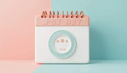 Payday Calendar: A whimsical 3D rendering of a calendar with "PAY DAY" highlighted, set against a pastel pink and blue background. This playful image evokes anticipation and happiness associated with 
