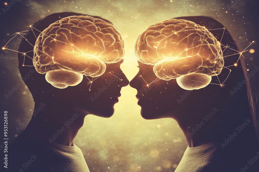Poster elegant digital art of a couple with interconnected neural patterns representing the intricate bond 