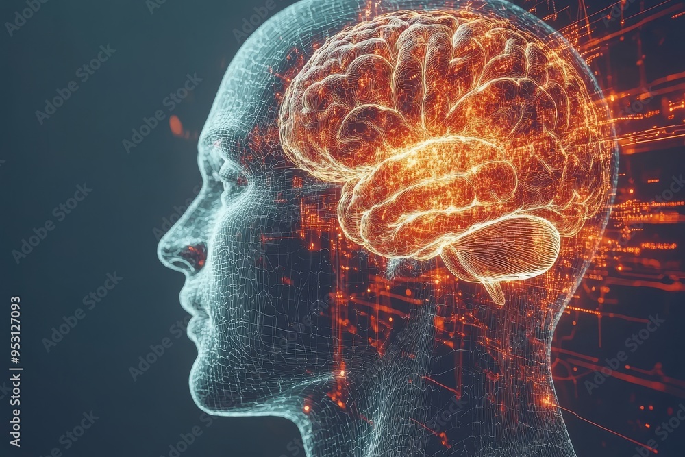 Aufkleber futuristic digital art of a glowing brain inside a human head representing the rapid flow of thought