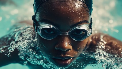 Close-up photo of a black female swimmer swimming in a pool 