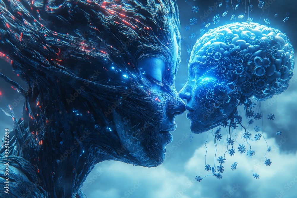 Poster sci fi digital art of two figures with glowing brains symbolizing the connection between human emoti