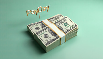 Payday Stack: A crisp stack of US dollars awaits, topped with a gleaming "PayDay" flag, embodying financial reward and security. 