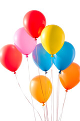 A vibrant collection of colorful balloons in various shades including red, pink, yellow, blue, and orange, floating against a white background.