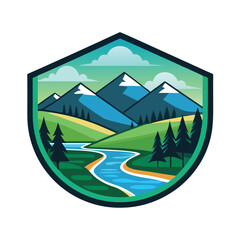 Mountain valley river forest logo badge, vector illustration on white background