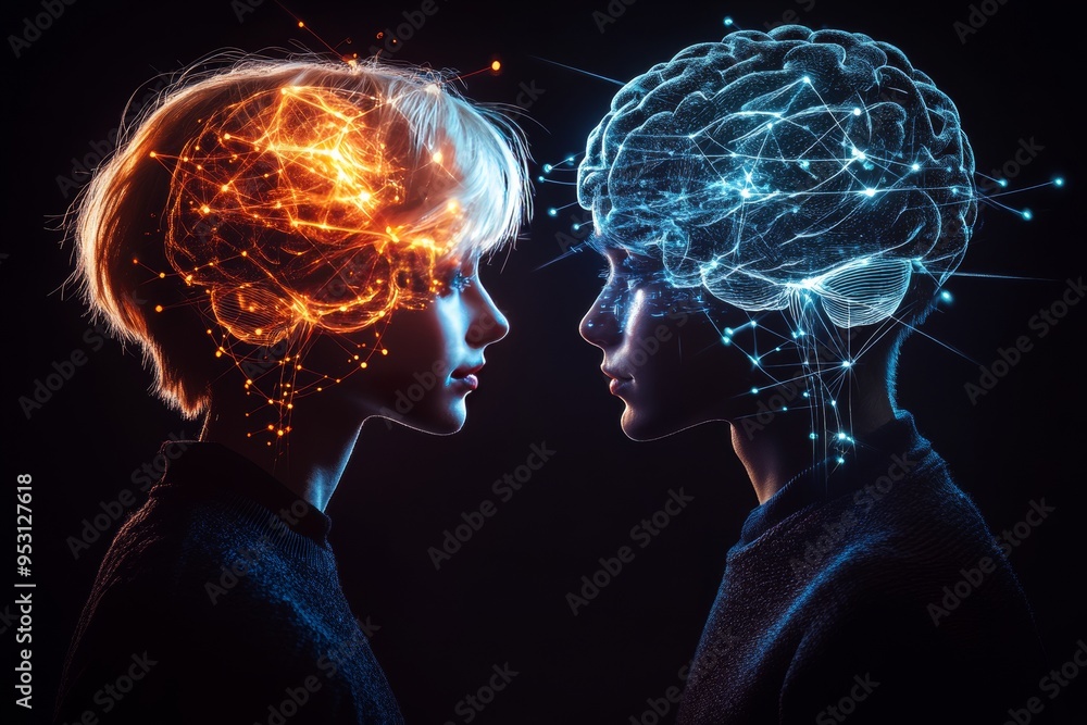 Poster artistic digital composition of two profiles with contrasting brains representing the tension betwee