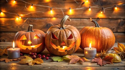 Fototapeta premium A cozy autumn scene featuring three carved jack-o'-lanterns with glowing faces, placed on a wooden surface scattered with orange and brown leaves