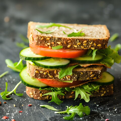 Delicious and healthy organic veggie garden sandwich made with whole grain bread, tomatoes, cucumbers, and arugula