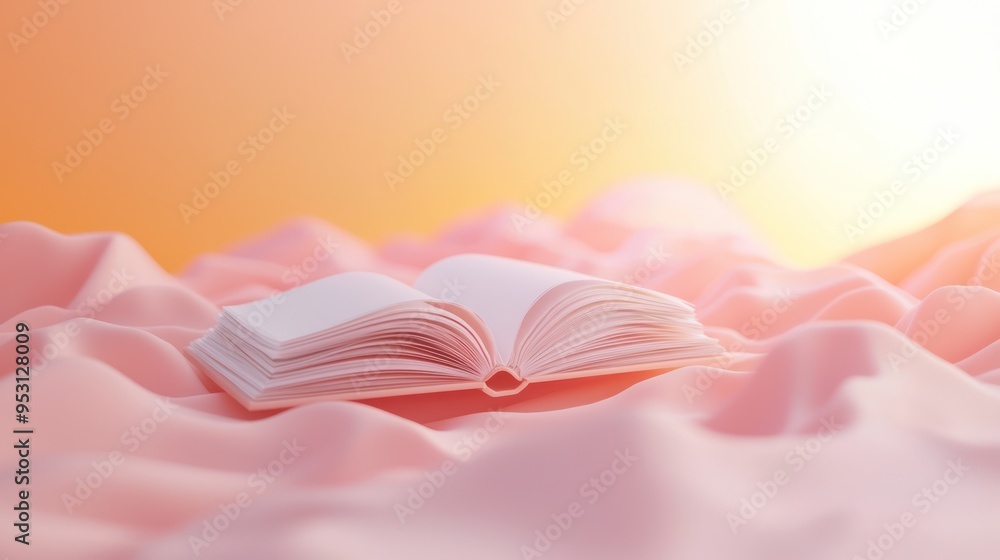 Poster radiant abstract 3d scene with minimalist shapes and dynamic light featuring a realistic book in sha