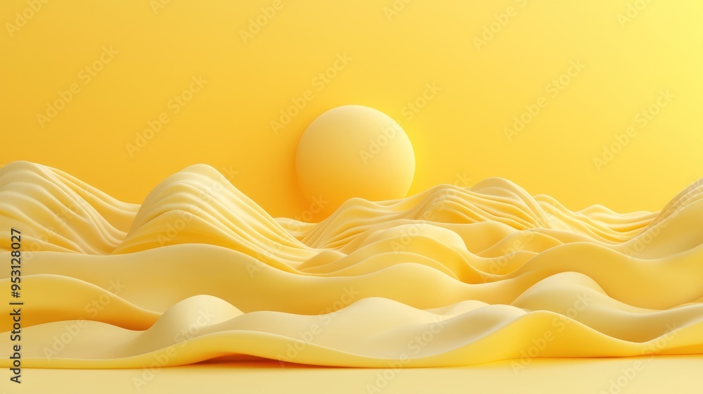 Poster golden waves of knowledge: minimalist 3d render with abstract sun and wave forms in bright vivid col