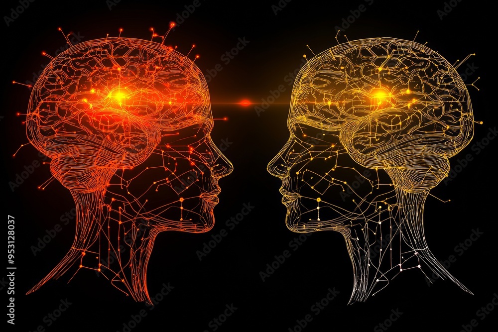 Aufkleber fiery digital art of two heads with glowing brains symbolizing the intense exchange of ideas and the
