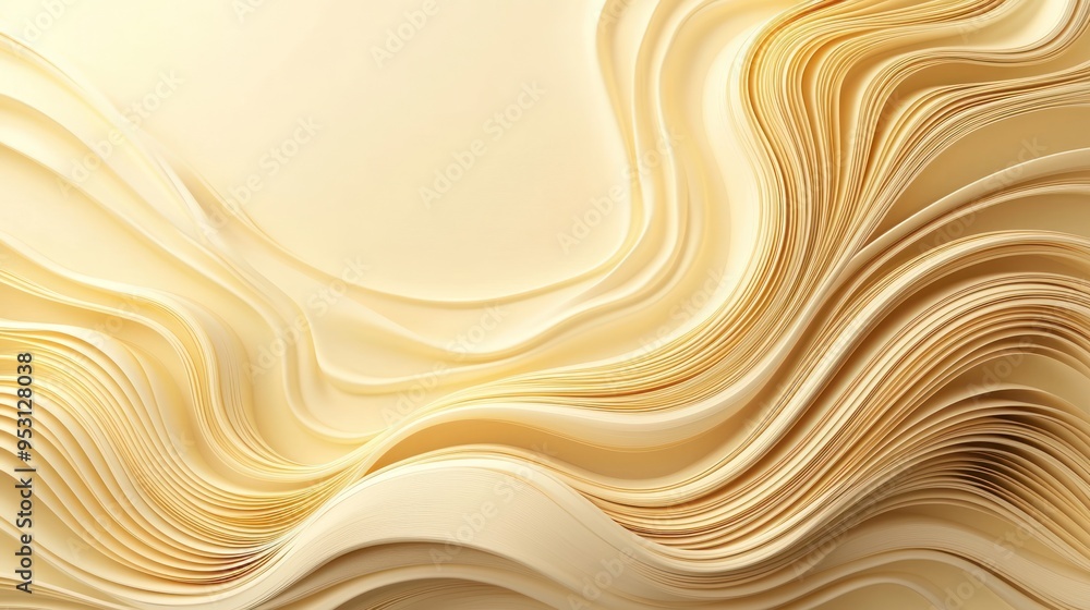 Poster serene minimalist 3d render with abstract sun and wave forms in soft golden tones and realistic book