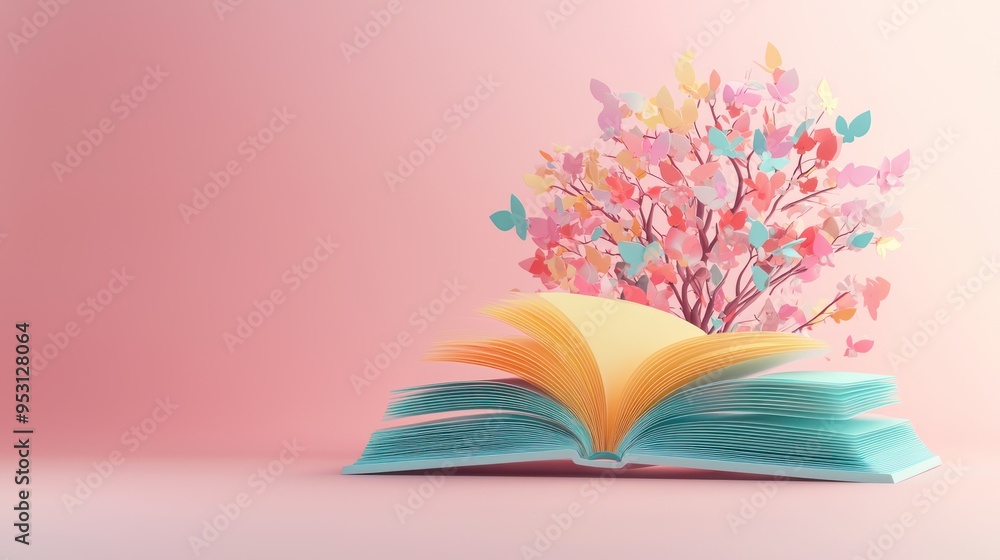 Poster vivid 3d render of realistic book with sunny gradients and minimalistic forms in 8k resolution, sunn