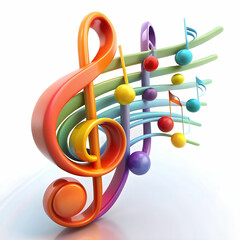 a 3d staff with colorful musical notes on white background