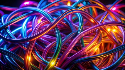 Vibrant neon lit cables tangled together creating mesmerizing pattern against dark background