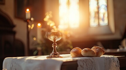 Communion chalice and bread on an altar, soft light, no people, tranquil background, ample space for text