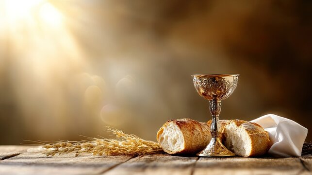 Communion chalice and bread on an altar, no people, serene background, ample space for text