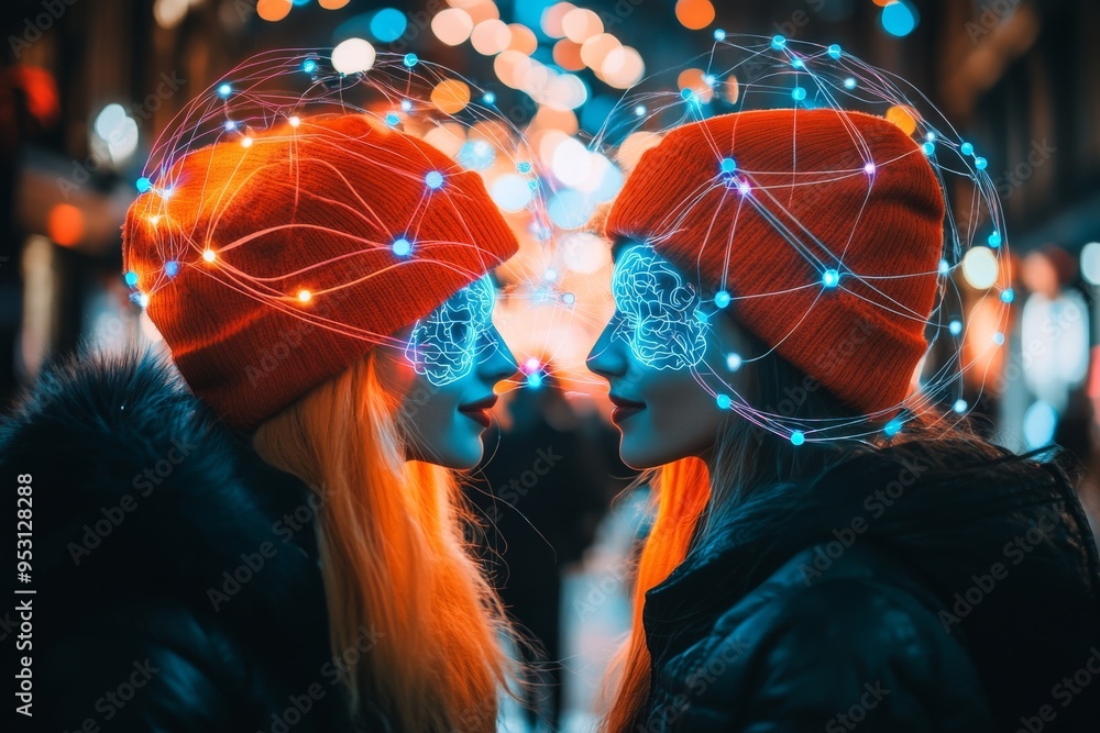 Poster futuristic digital art of two individuals with interconnected neural networks symbolizing the exchan