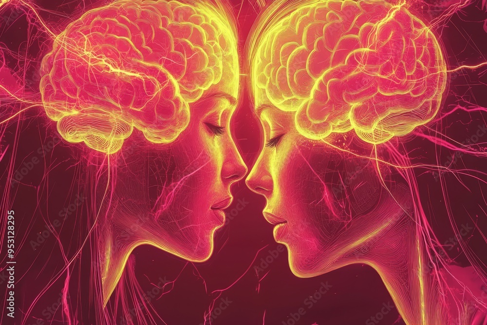 Poster vibrant digital art of two glowing brains in a mirrored composition symbolizing the balance and harm