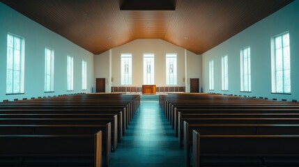 Empty chapel interior with rows of pews, soft lighting, no people, ample copy space