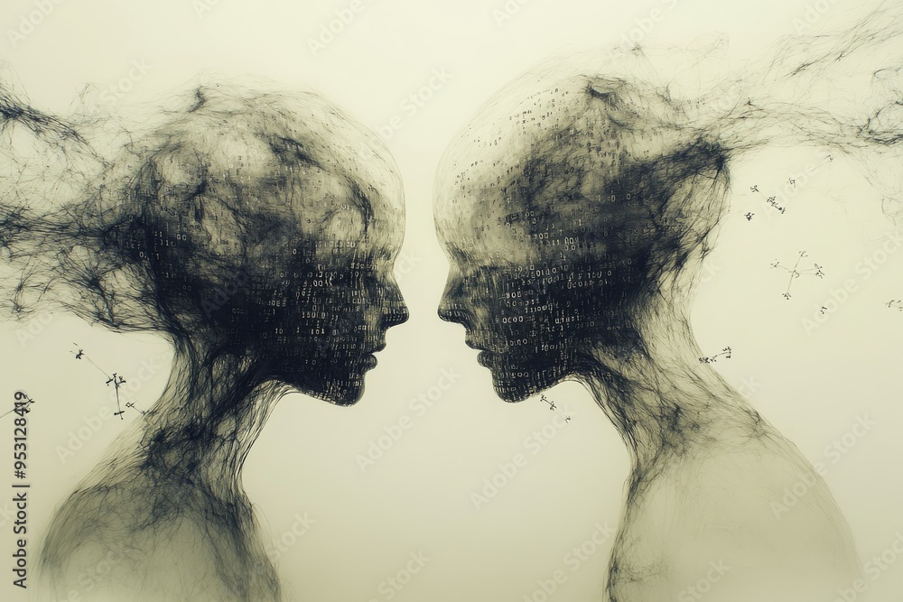 Poster abstract digital illustration of two ethereal profiles merging into a mist representing the ephemera