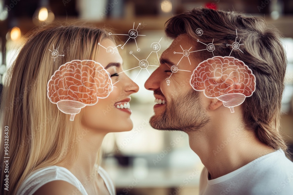 Poster modern digital portrait of a couple with visible brain patterns highlighting the intellectual bond a