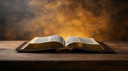 Open Bible on a wooden table with a warm glow, no people, clear background, copy space