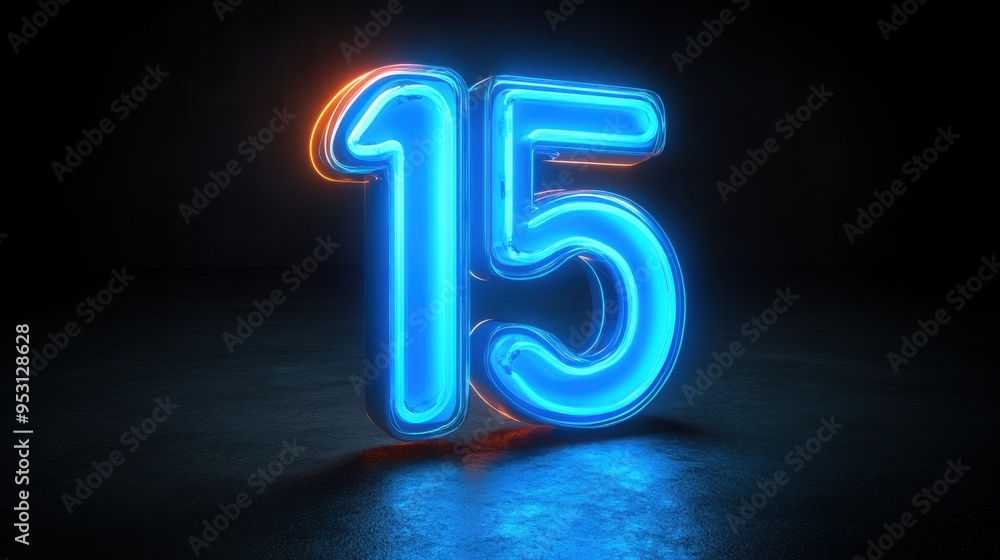 Poster 3d render of a blue neon number seven five glowing in the dark inside a linear rounded frame isolate