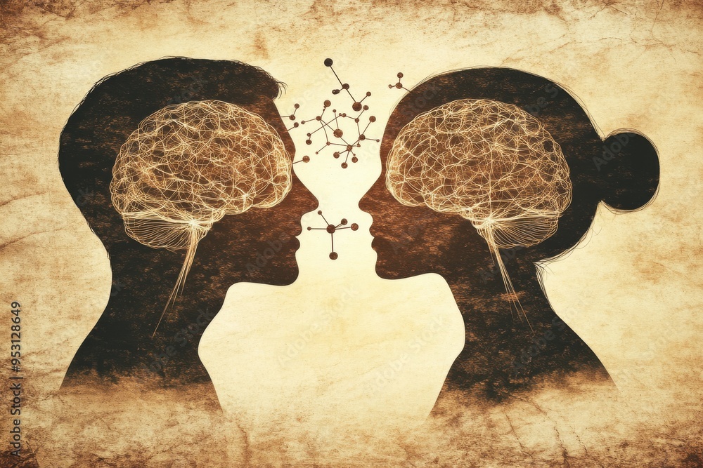 Poster abstract digital art of silhouetted profiles facing each other with neural networks symbolizing comm