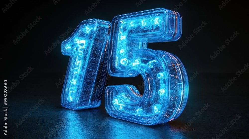 Poster 3d render of a blue neon number seven five glowing in the dark inside a linear rounded frame isolate