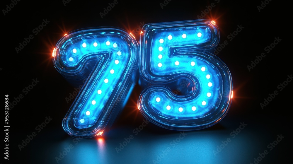 Poster 3d render of a blue neon number seven five glowing in the dark inside a linear rounded frame isolate