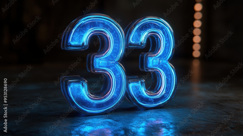 Poster 3d render of a blue neon number three glowing in the dark inside a linear rounded frame isolated on 