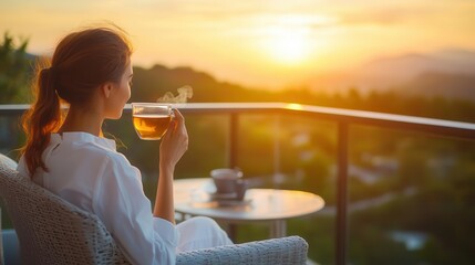 A serene moment of relaxation as a person enjoys tea on a balcony during a beautiful sunset.