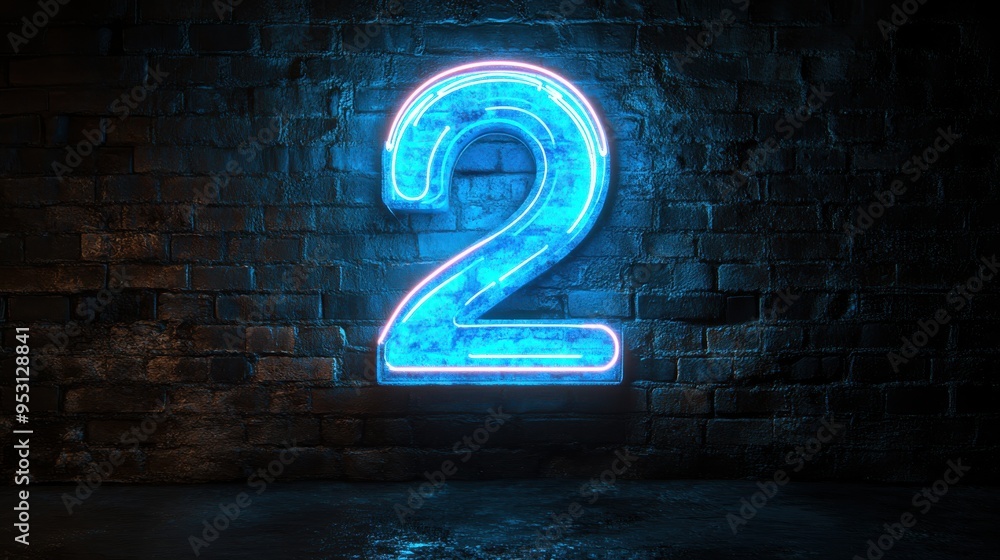 Poster 3d render of a blue neon number two glowing inside a linear rounded frame isolated on a black backgr