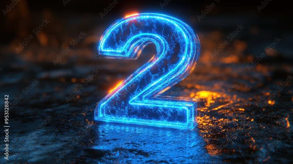 Poster 3d render of a blue neon number two glowing inside a linear rounded frame isolated on a black backgr