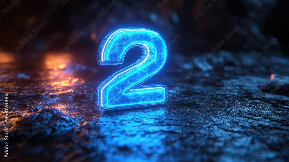 Poster 3d render of a blue neon number two glowing inside a linear rounded frame isolated on a black backgr