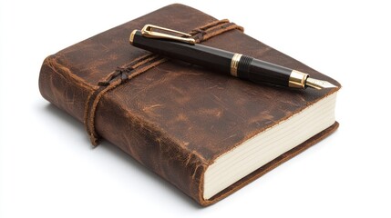Vintage Elegance - Leather-Bound Book, Fountain Pen, and Letter Opener on White Background in Realistic 8K Resolution, generative AI