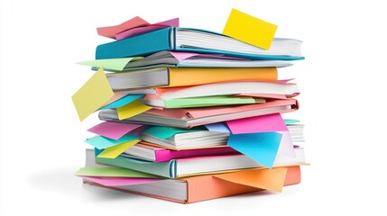 Organized Study Essentials - Paperback Book with Highlighters and Sticky Notes in High Detail Realistic Style on White Background in 8K Resolution, generative AI