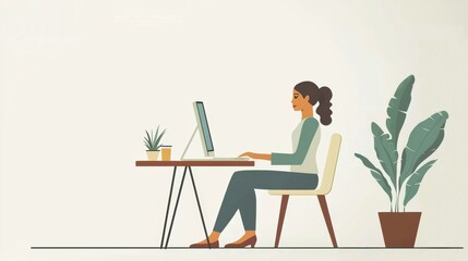 person working with a desktop computer, comfortably seated in a modern room and table minimalism style, soft background