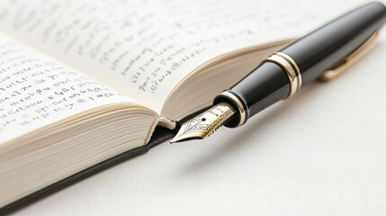 Fototapeta premium Classic Diary Writing Setup with Vintage Fountain Pen and Bookmark in Sharp Focus on White Background, High Detail 8K Image, generative AI