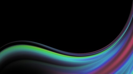 The black background is decorated with abstract wave patterns and irregular lines in gradient blue red green colors