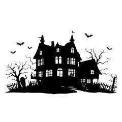 A black and white drawing of a haunted house with bats flying around it. Scene is eerie and spooky