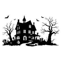 A black and white Halloween house with bats flying around it. The house is surrounded by trees and there is a graveyard in the background